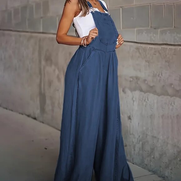 Deep Blue Wide Leg Bib Overalls - Picture 4 of 5